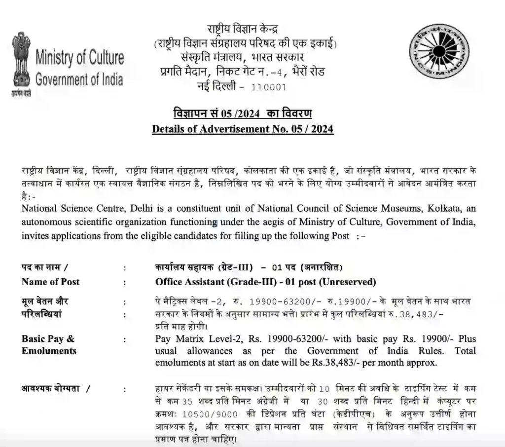 National Science Centre Vacancy 2024